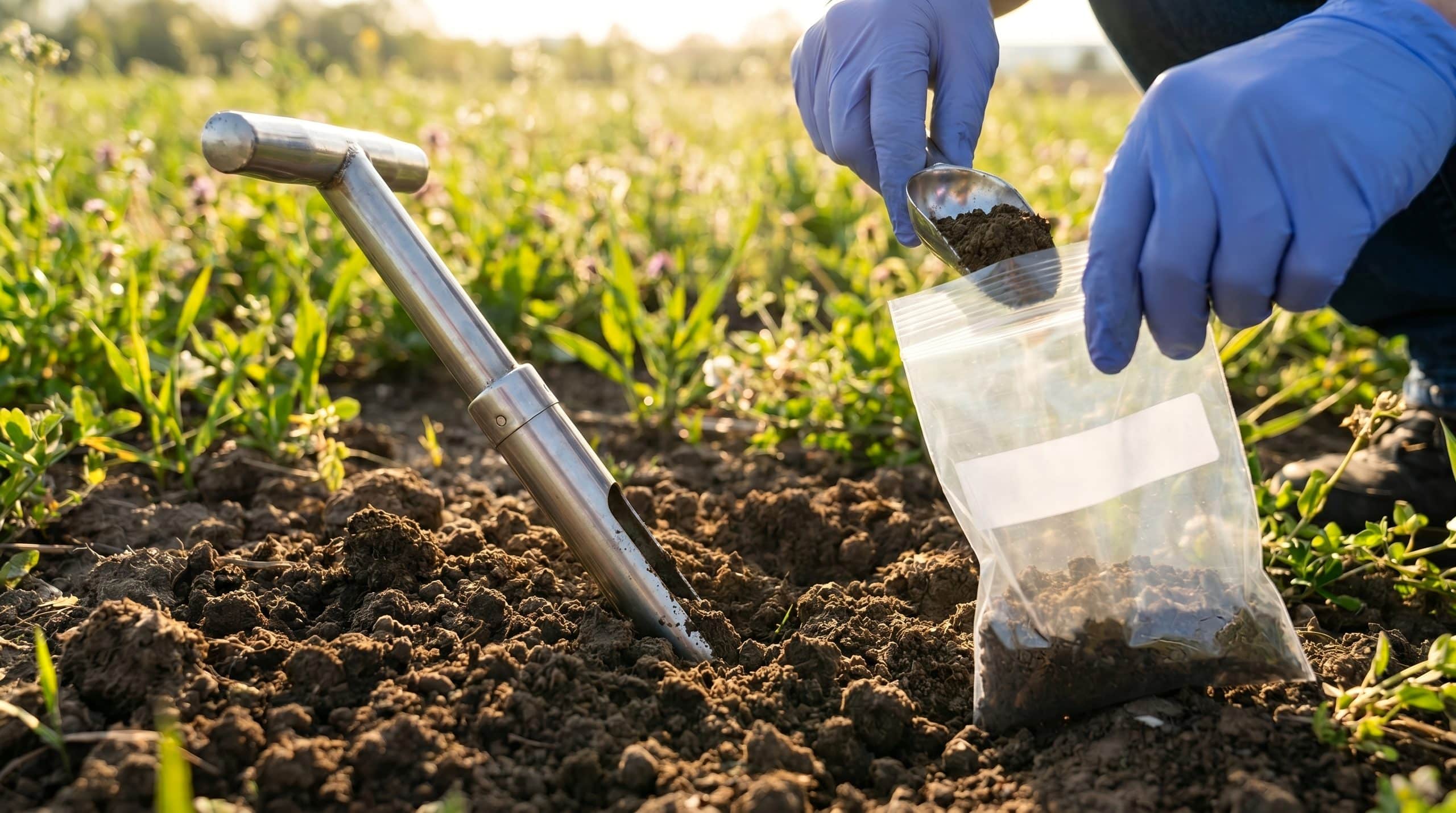 scientist taking soil sample for analysis, using metal probe and plastic bag, wearing blue protective gloves, environmental agriculture research